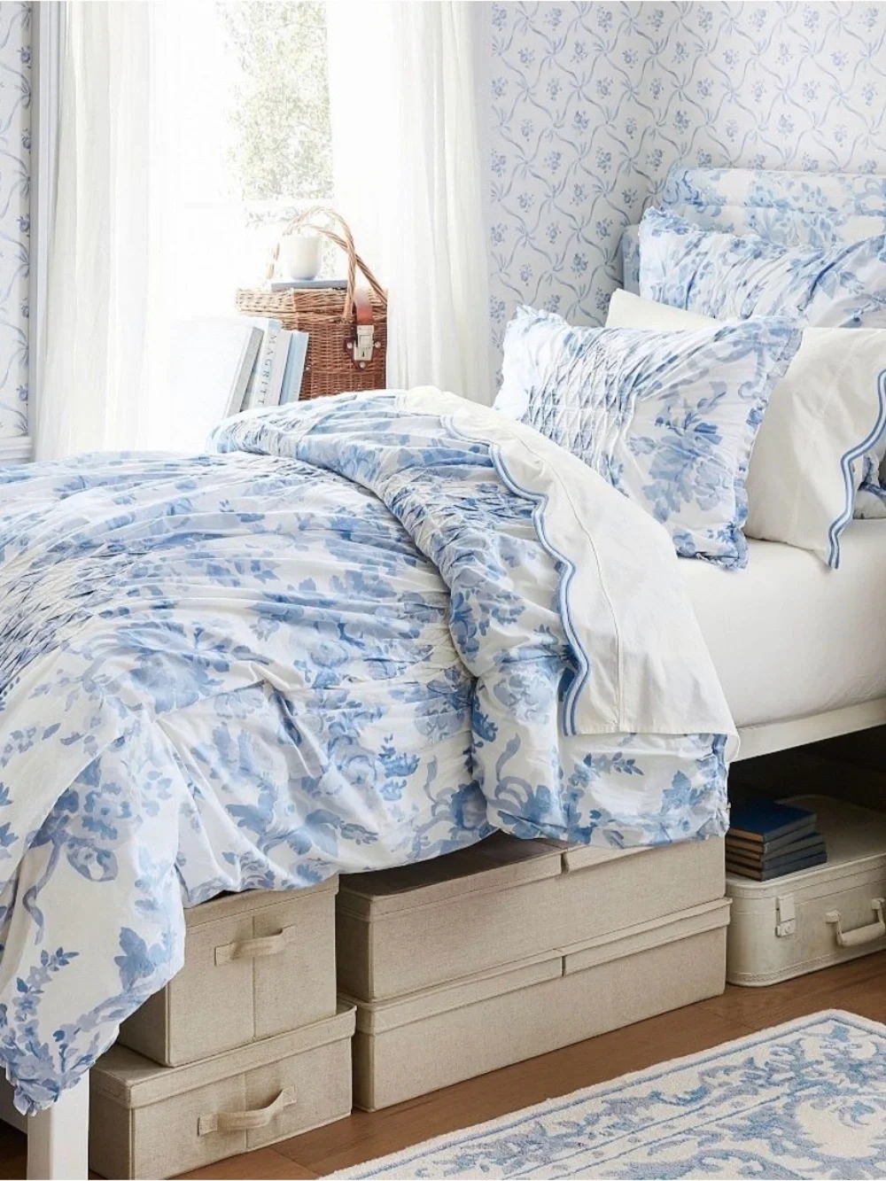 LoveShackFancy White and Light Blue Floral Ruffled Comforter